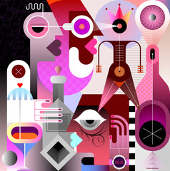 People at a party drink wine and cocktails. Modern cubism art vector illustration. Colored geometric design of male and female faces, hands, bottles, cocktails and abstract shapes. 