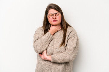 Young caucasian overweight woman isolated on white background suffers pain in throat due a virus or infection.