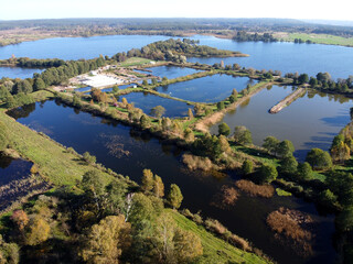 Aerial view of fish ponds by Lake Orle