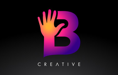 Purple Letter B Logo with Hand Silhouette Vector Icon Illustration. Creative Hand Logo Letter