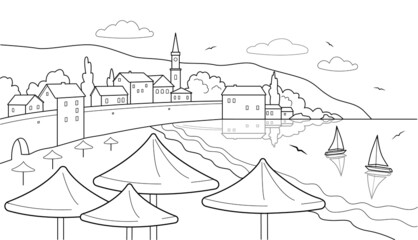 Sea view with yachts, houses and Beach umbrella. Landscape black and white illustration in line art style