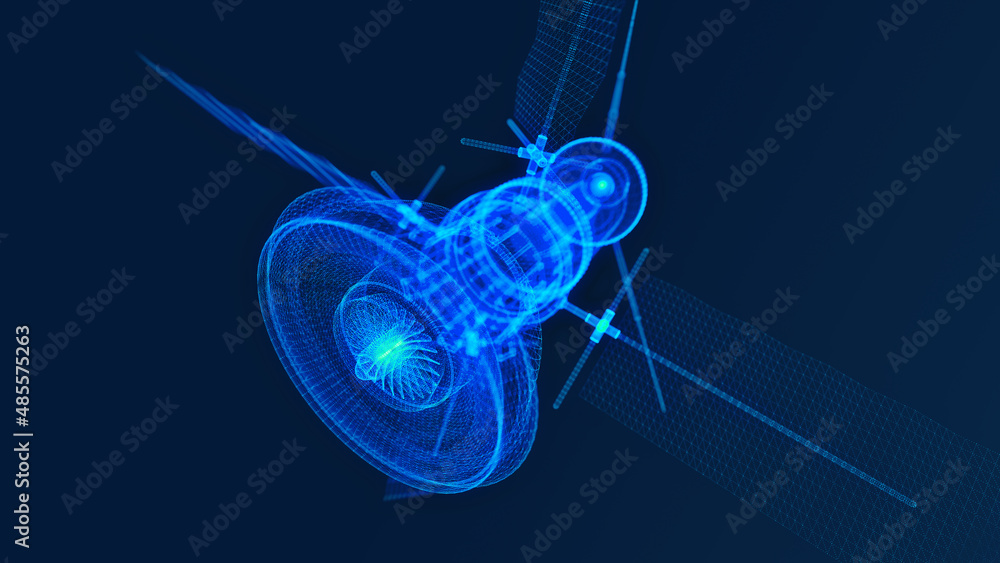 Poster satellite from lines and triangles, connecting network point on a blue background. space satellite m