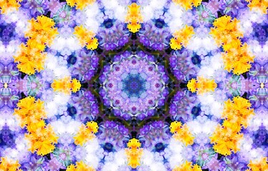 Bright floral pattern of flowers. Beautiful Kaleidoscope pattern.