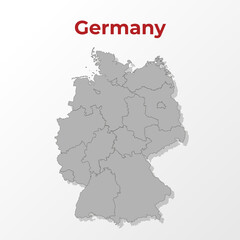 A modern map of Germany with a division into regions, on a gray background with a red title.