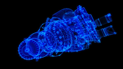 Gas turbine engine. Blue particle and lines form 3d model. 3d illustration.