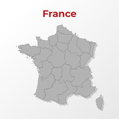 A modern map of France with a division into regions, on a gray background with a red title.