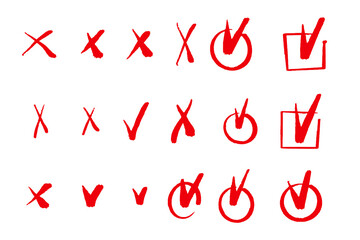 Highlight check mark, oval, cross and box. Hand drawn scribble doodle check mark. Round and square answer box. Stock vector illustration isolated on white background.