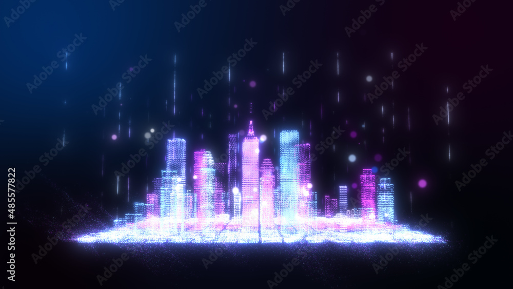 Poster 3d rendering, glow digital tablet and city wireframe in bright colorful particles, sphere particle l