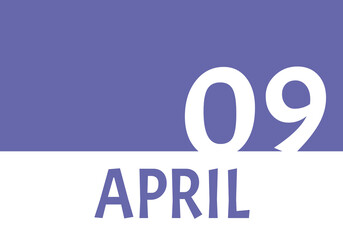 9 april calendar date with copy space. Very Peri background and white numbers. Trending color for 2022.