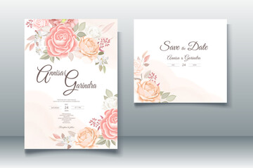 Naklejka na ściany i meble Elegant wedding invitation card with beautiful floral and leaves template Premium Vector