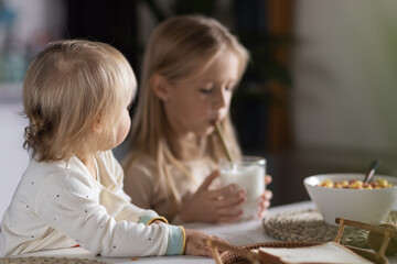 Cute caucasian siblings sitting at table on kitchen early morning and preparing breakfast with colorful cornflakes and milk. Kids enjoying life with healthful food, healthy lifestyle concept
