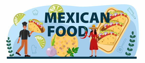 Mexican food typographic header. Traditional tacos with meat and vegetable.