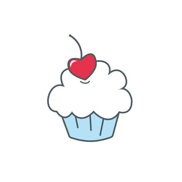 Cupcake with white cream decorated with a cherry heart for Valentine's day.  Lovers' treats. Vector color image of a doodle.