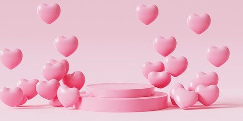 Valentines day pink podium or pedestal for products or advertising with heart shaped balloons, 3d render