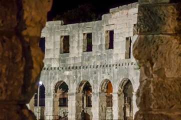 The Pula Arena Roman Amphitheatre Interior in Croatia. Well Preserved Arched Wall. 