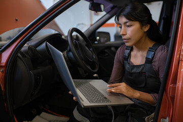 Portrait of female car mechanic using laptop while inspecting vehicle in auto repair shop, copy space