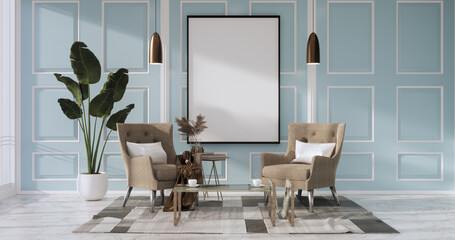 Mock up empty picture frame on the mint wall of the room.3D rendering