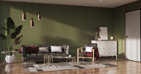Green Living room has a sofa with lamps and  decorated trees .3d rendering