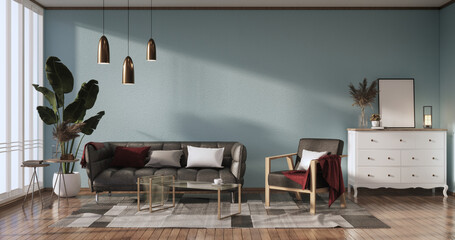 Mock up empty picture frame on the mint wall of the room.3D rendering