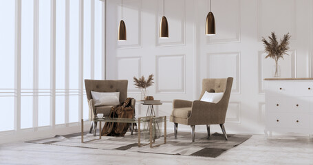 Living room has a sofa with lamps and  decorated trees in the white wall background.3d rendering