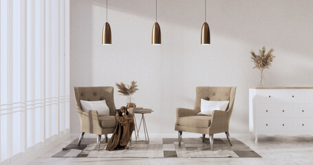 Living room has a sofa with lamps and  decorated trees in the white wall background.3d rendering