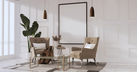 Mock up empty picture frame on the white wall of the room.3D rendering