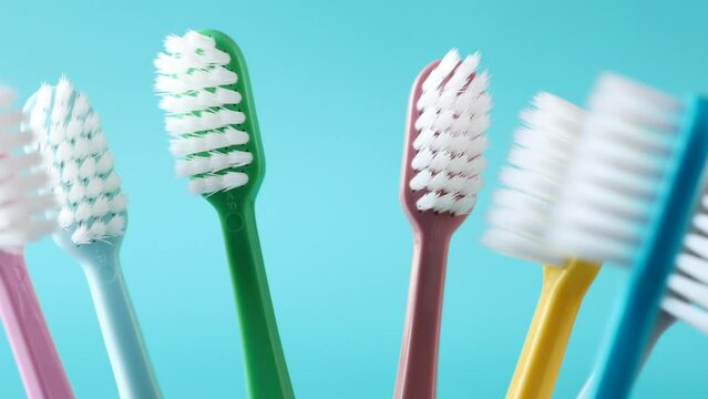  colorful toothbrushes in white mug against a wall 