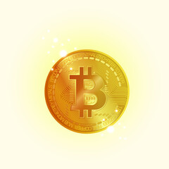 golden coin "bitcoin" on a yellow background with glitter