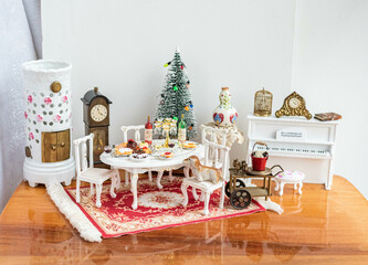 Miniature room with christmas decoration, dollhouse furniture