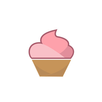 The icon is a cupcake logo with pink cream. Pink strawberry ice cream in a waffle cup. Vector image of food.