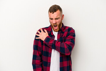 Fototapeta premium Young caucasian man isolated on white background having a shoulder pain.