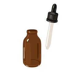 Little brown glass bottle with dropper. Beauty product container isolated on white.  Flask with pipet - 485583023