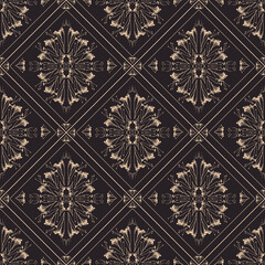 Geometric symmetrical seamless pattern with herbarium elements.