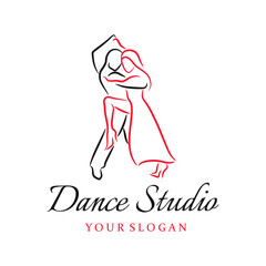 Dance studio logo design template. A dancing couple isolated on white background, vector illustration. Dance school logo, Latino, tango style. Line art.
