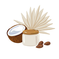 Face cream with coconut and almond oils. Beauty product concept, vector illustration.
