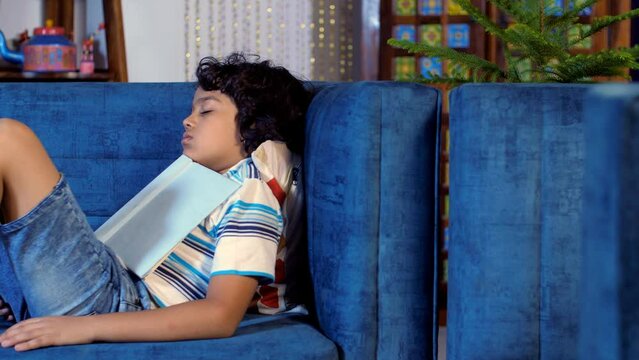 A sweet tired boy sleeping on a comfortable sofa with his head on a cushion. A young schoolboy fast-asleep in the living room with a book on his lap - exhausted  boring lesson  weary