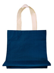 ฺBlue tote bag with white handle made of cloth. On isolated white background with clipping path.