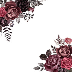 Watercolor floral border made in vintage Victorian gothic style. Botanical frame with dark red and burgundy roses, leaves isolated on white background with space for text. - 485584269