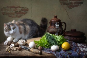 Pretty kitty on a vegetarian table