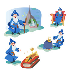 Cartoon wizard. Magician old characters with beard wear long robes and pointed hats. Senior wise sorcerers cast magical spells. Cheerful warlocks hold mystery magic tools. Vector medieval wizards set