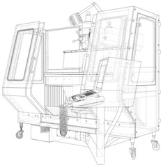 Milling machine. Closed type cnc machine for milling metal parts.