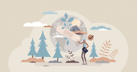 Obraz premium Conservationist as earth conservation and care activist tiny person concept. Ecological help for environment and responsible social community vector illustration. Environmentalist and volunteer work.