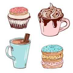 Cup of coffee with cupcakes and donuts. Cartoon style isolated on white background