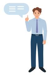 Young man raising his index finger up to give advice or say an important message. Colorful flat vector illustration.