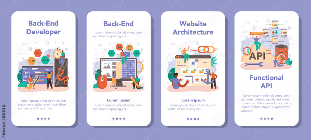 Poster back end development mobile application banner set. software development