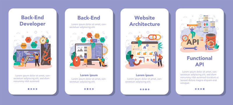 Back end development mobile application banner set. Software development