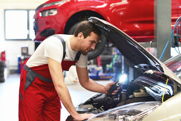 customer service in the garage - mechanic checks and repairs the engine of a car