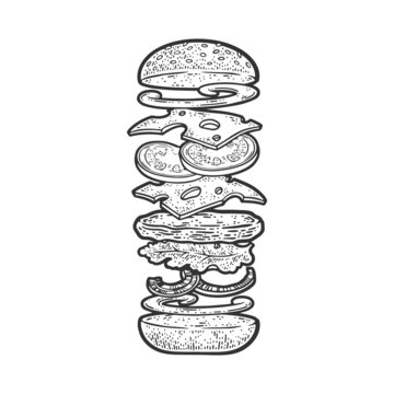 components of hamburger sketch engraving vector illustration. T-shirt apparel print design. Scratch board imitation. Black and white hand drawn image.