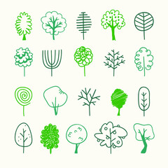 Hand drawn set of trees. Eco background. Abstract  doodle drawing woods. Vector art illustration plants