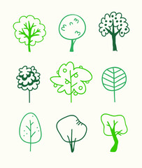 Hand drawn set of trees. Eco background. Abstract  doodle drawing woods. Vector art illustration plants